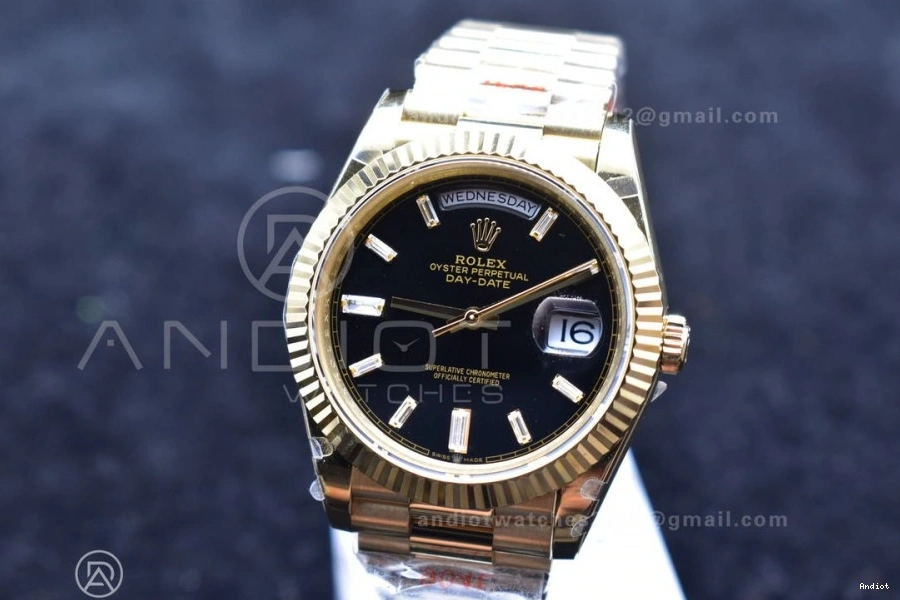 Plated Markers A2836 Crystal 904L Black Dial 40 GMF Bracelet President On YG DayDate Steel V2 0123